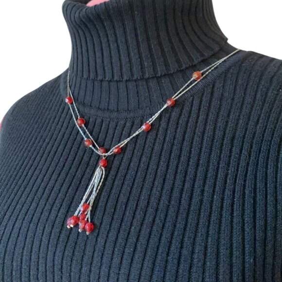 VINTAGE - Matinee multilayer necklace - rubis red beads herringbone chain - 16in - Picture 3 of 10